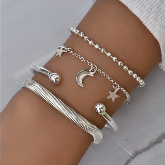 Tiaras Trends Boutique Jewelry - Silver Moon And Star Four Piece Bracelet Set